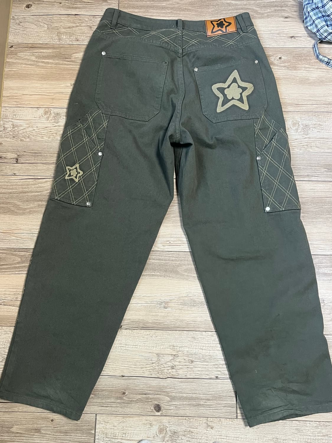 크로스 스티치 더블 니 진스 올리브 상품이미지2