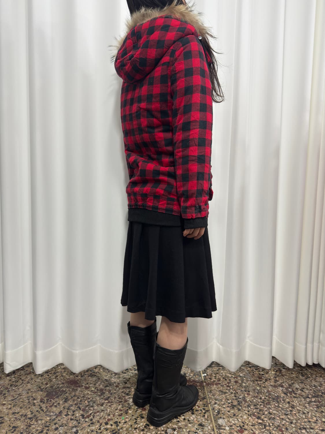 now here red check fur hood jacket 상품이미지9