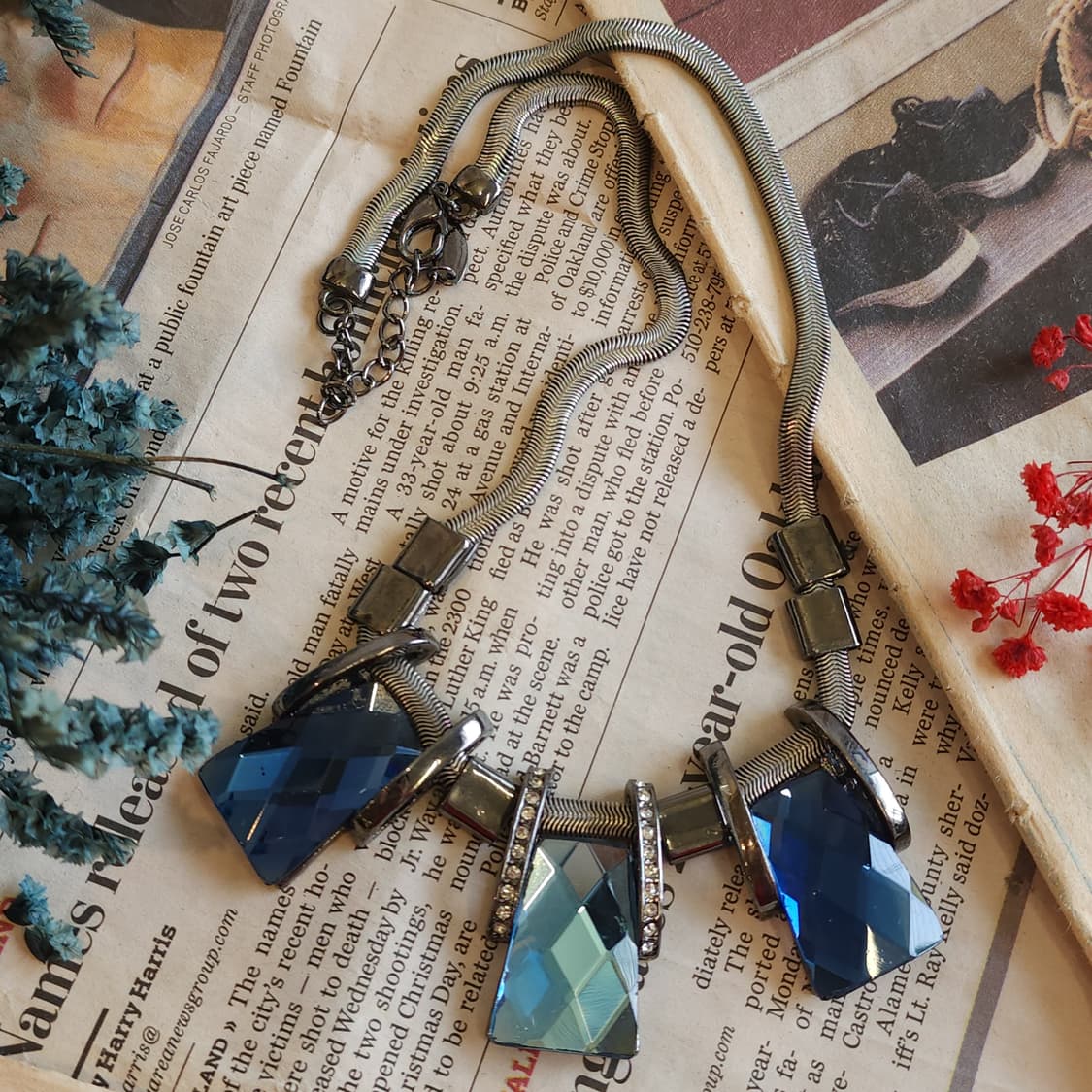 90s 프랑스 빈티지 쥬얼리 미드나잇 오션 딥 블루 크리스탈 엔틱 목걸이 상품이미지2