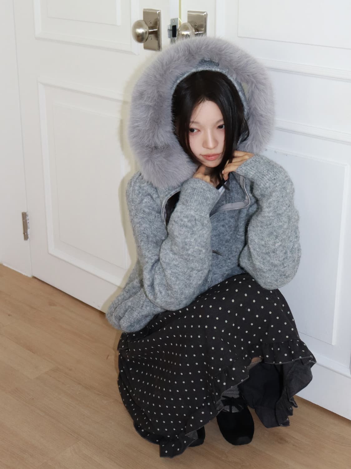 퍼 후드 니트집업 가디건 차콜 상품이미지1