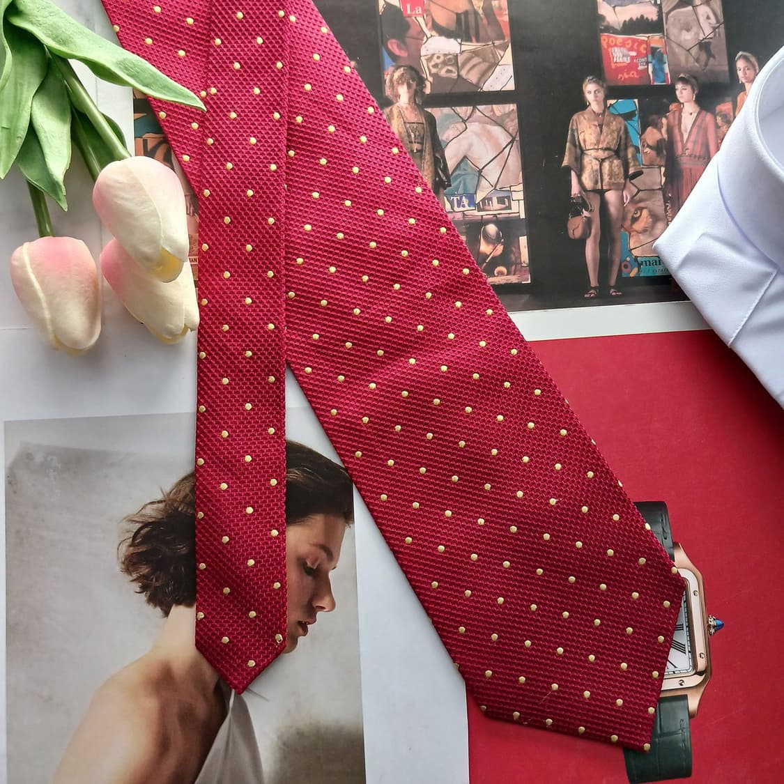 소니아 리키엘 옴므 실크 레드 도트 넥타이 9.3cm A등급 A18405 상품이미지3