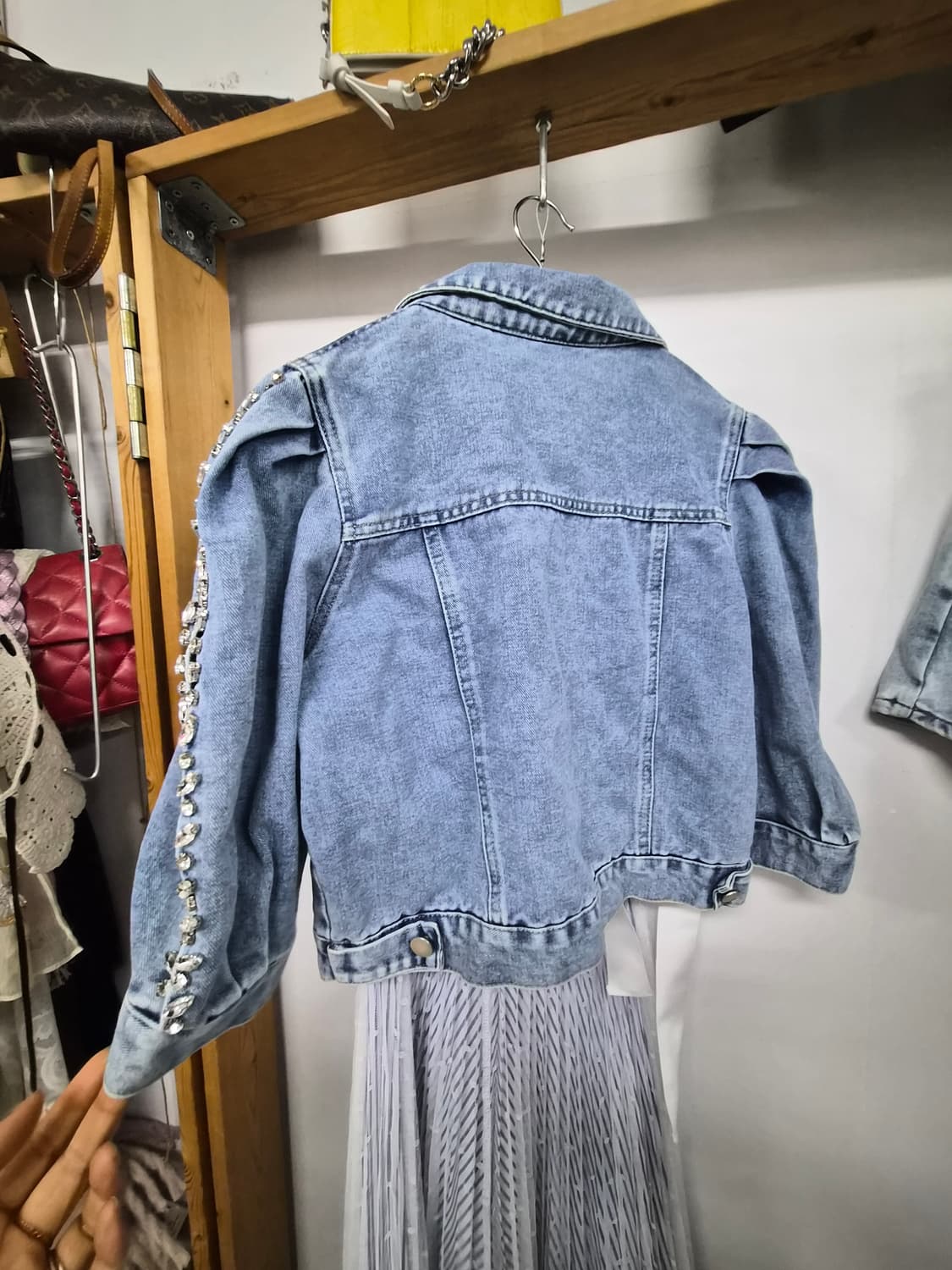 스톤비즈 벌룬 반팔 데님자켓.지고트 레이스 원피스 상품이미지5