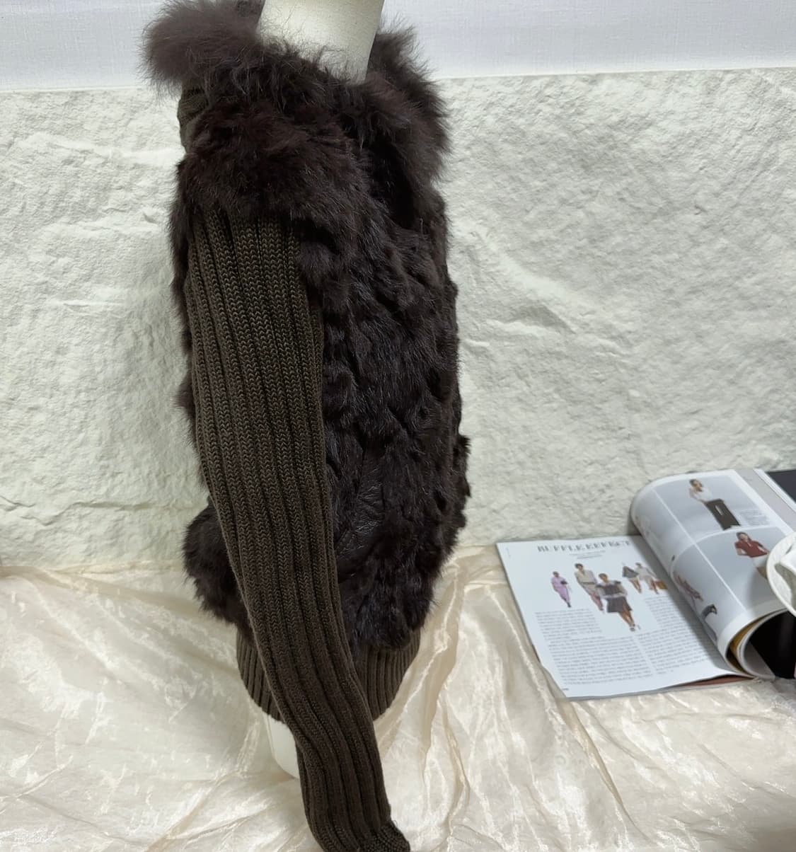 빈티지 브라운 폭스퍼 후드 웨이브 토끼털 양가죽 니트자켓 후드집업 상품이미지2