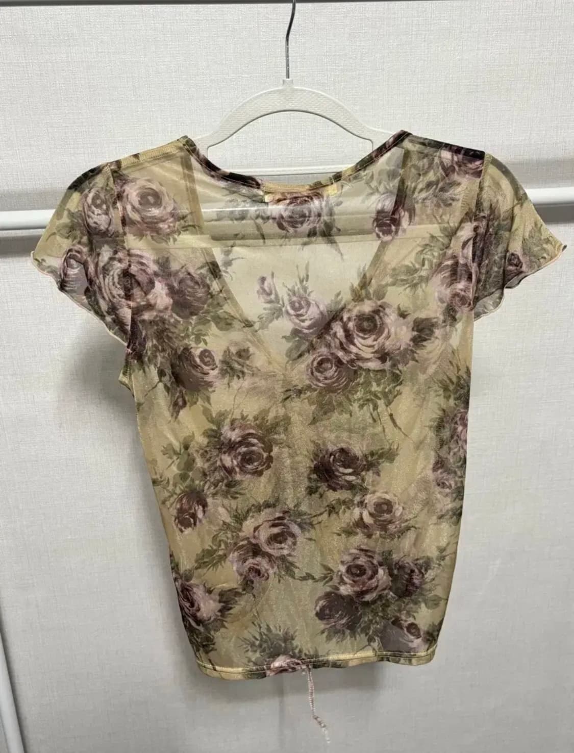 빈티지 오리엔탈 히피 플라워 시스루 셔링 반팔 블라우스 상품이미지2