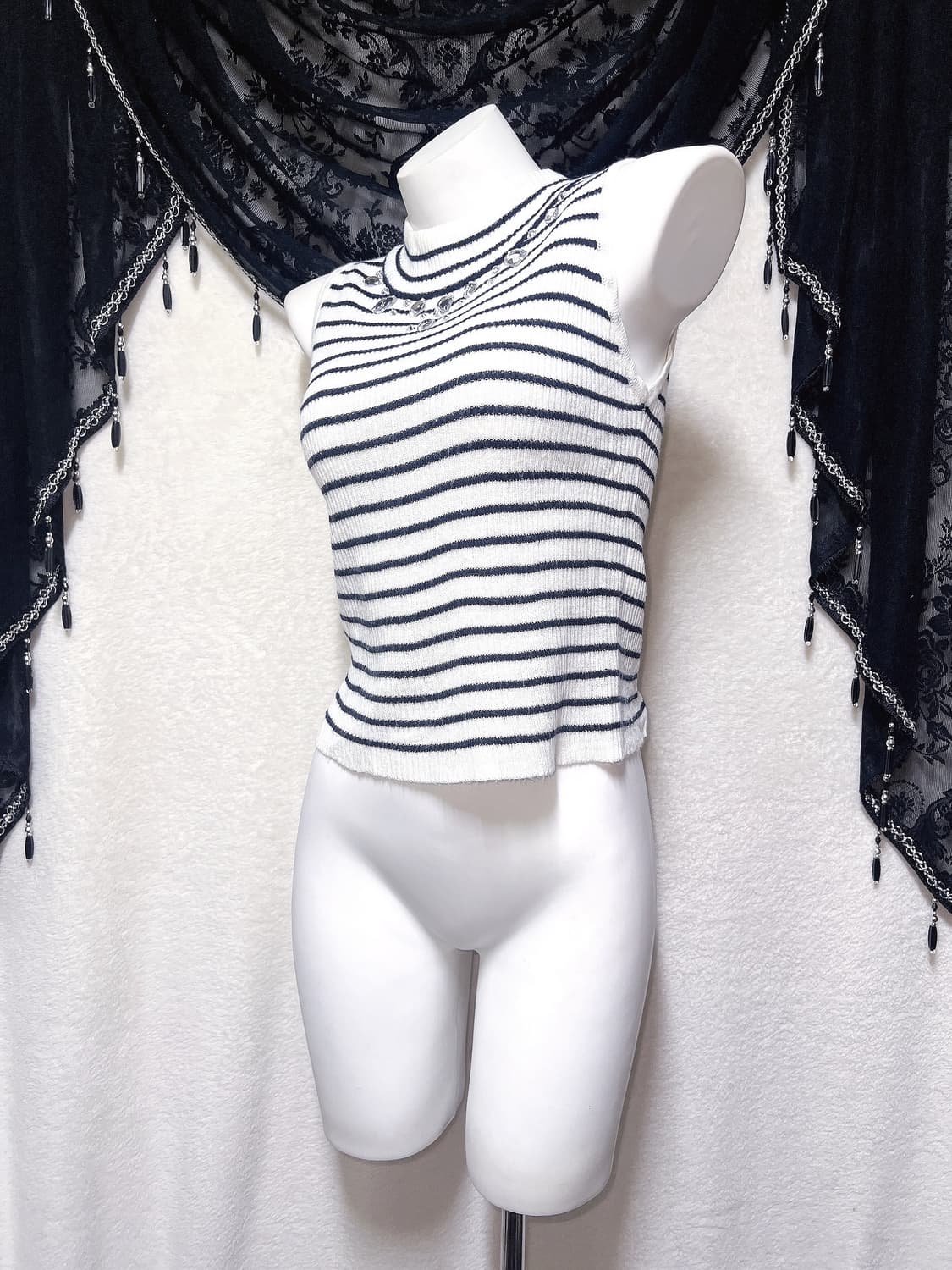 로맨틱갸루 로걀 오네 스트라이프 큐빅 장식 골지니트 탑 슬리브리스 나시 상품이미지5