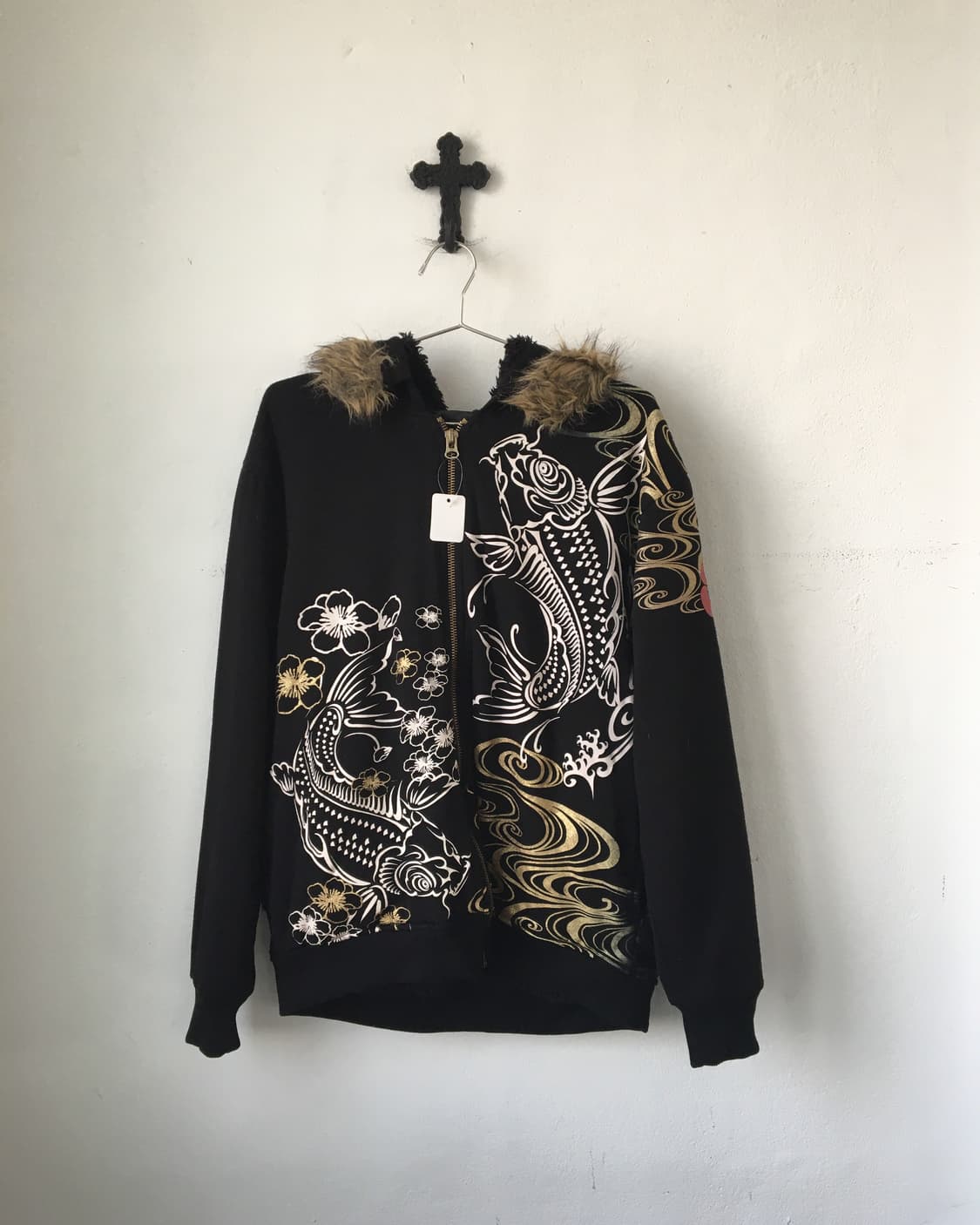 Fake fur hood oriental printing zip up 상품이미지2