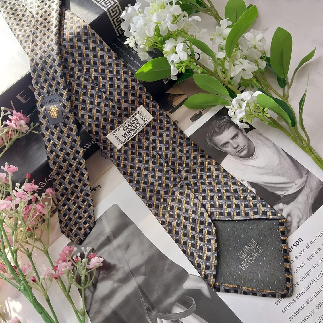 베르사체 실크 블랙 메두사 기하 패턴 넥타이 9.1cm B등급 K1773 상품이미지4
