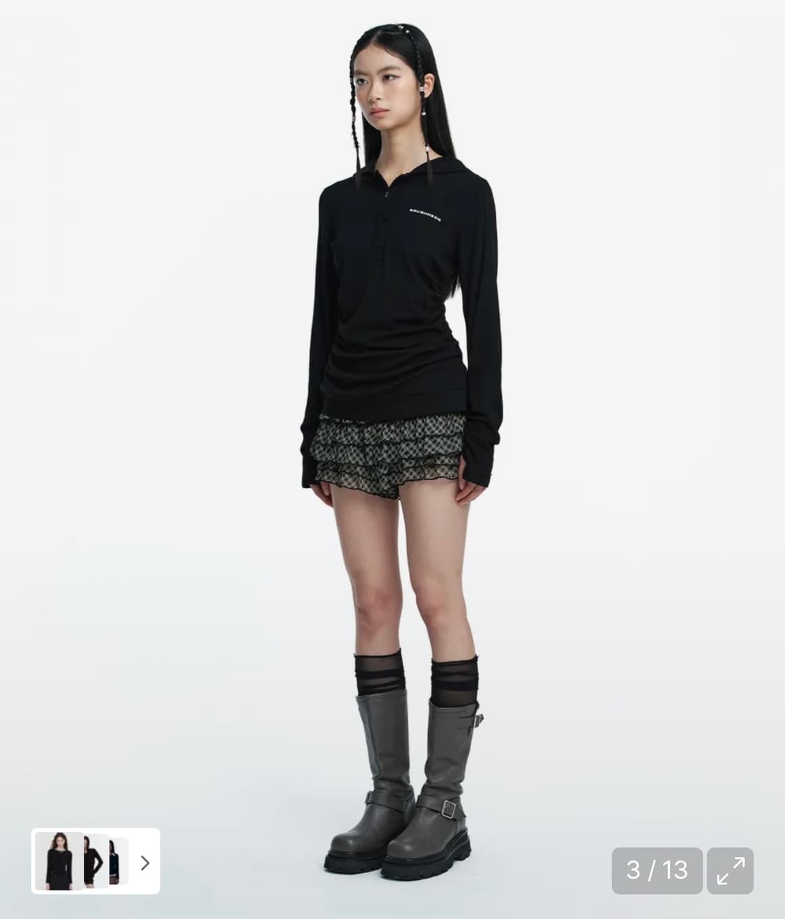 러프넥 헨리 후드 롱 슬리브 탑 블랙 M 상품이미지3