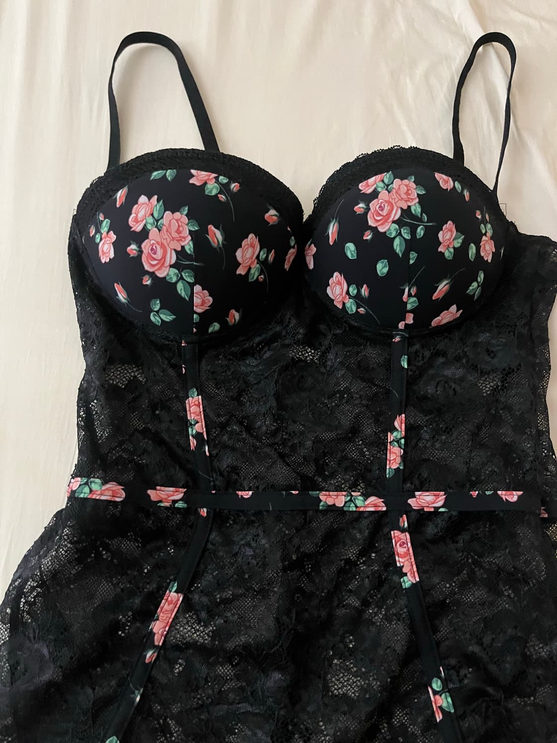 블랙 플로럴 망사 레이스 바디수트 가터 코르셋 슬립 상품이미지2