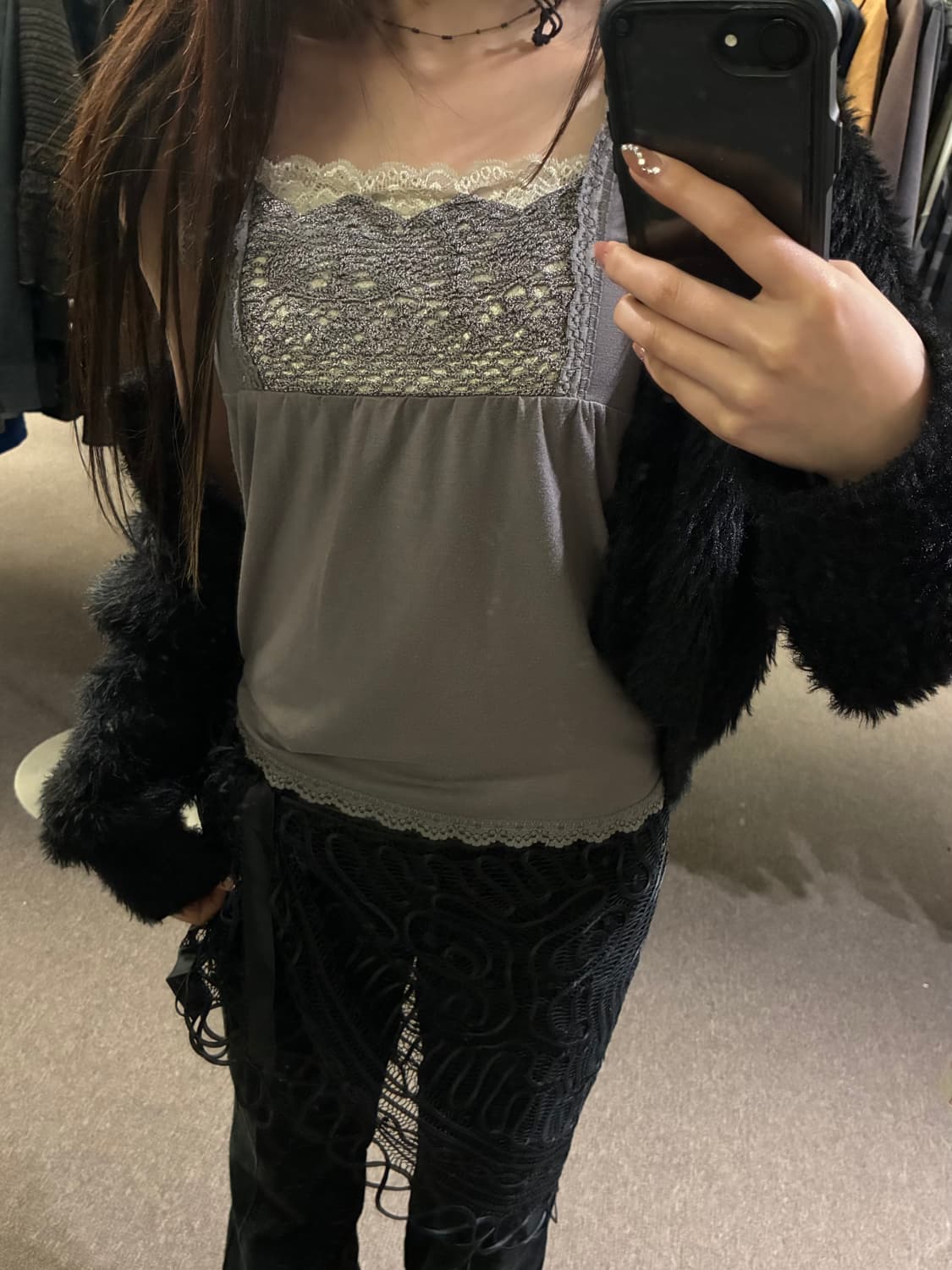 M)Japanese vintage 여성 레이스 디테일 모카 슬리브리스 상품이미지2