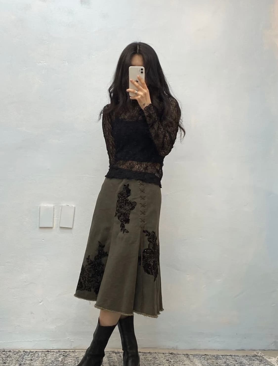 [1456]Khakibrown denim floral lace skirt 상품이미지2