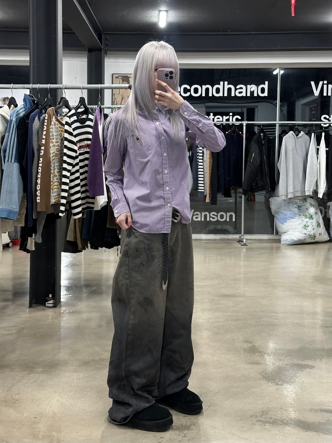 베이프 체크 버튼업 퍼플 셔츠 상품이미지3