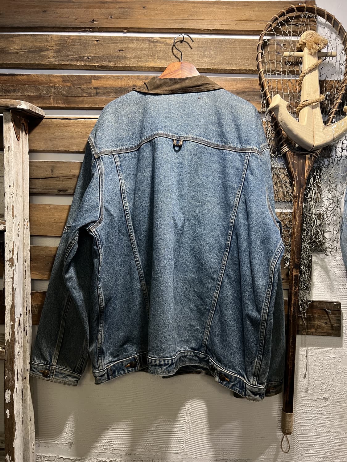 [2XL]90's USA 빈티지 리얼 레더 카라 데님 트러커 자켓 상품이미지9
