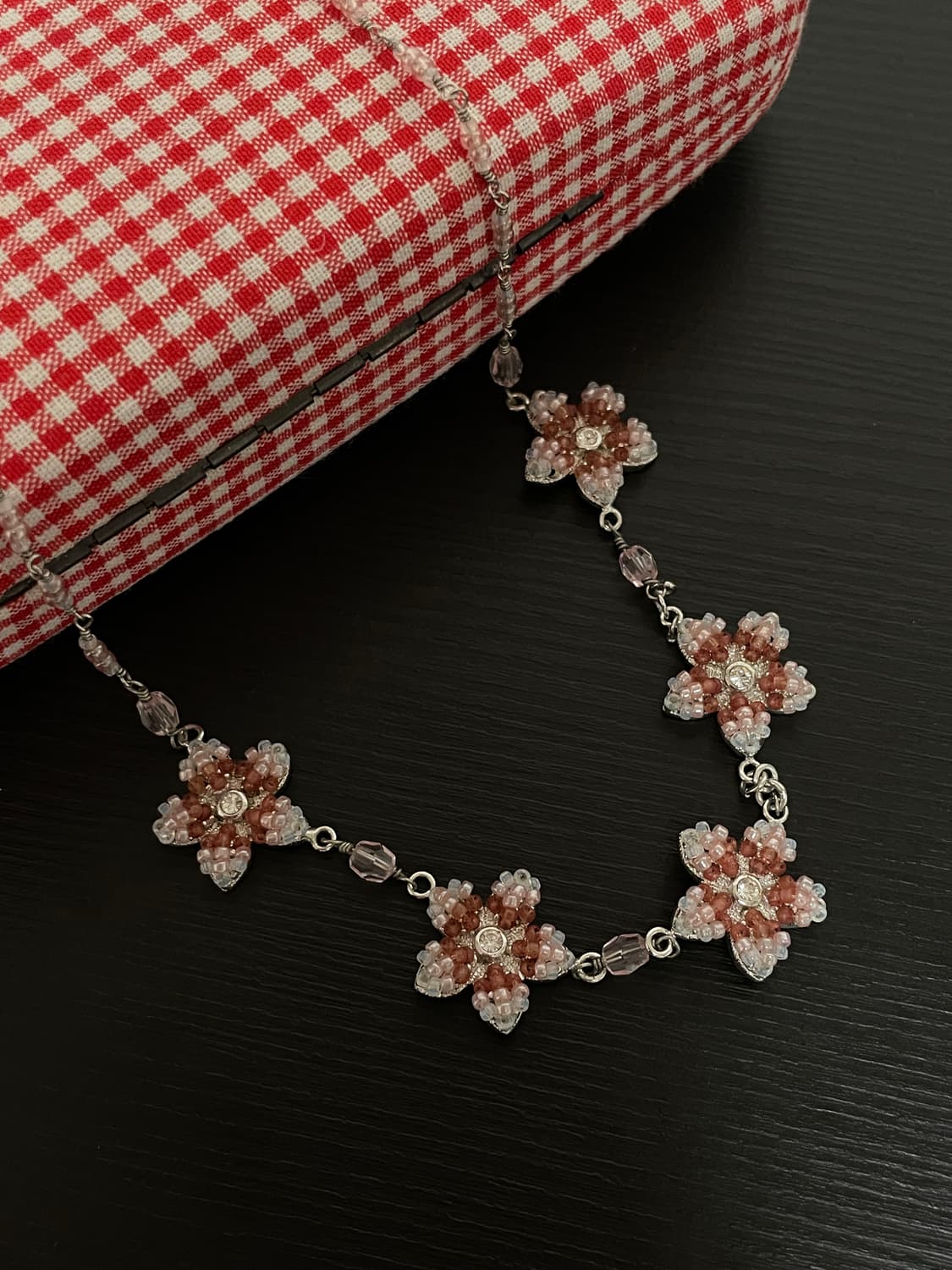 빈티지 페어리 핑크 비즈 플라워 목걸이 상품이미지1