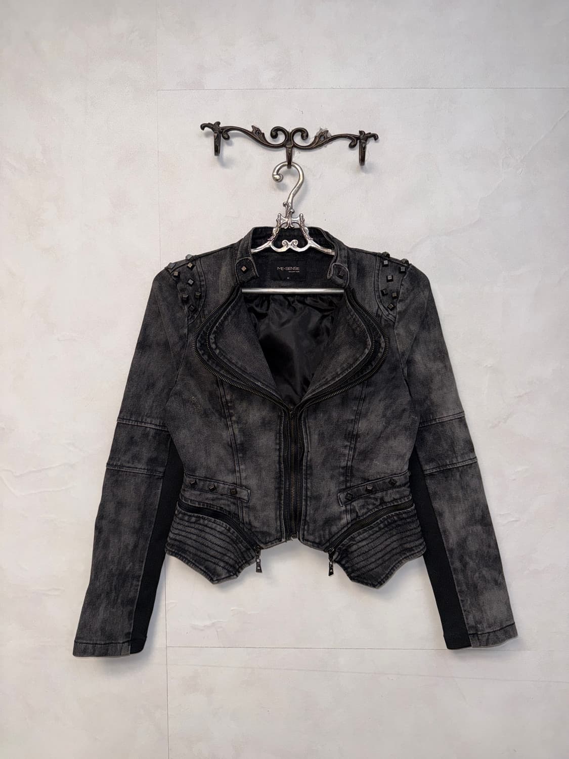 Black tie dye denim stud double rider jk 상품이미지1