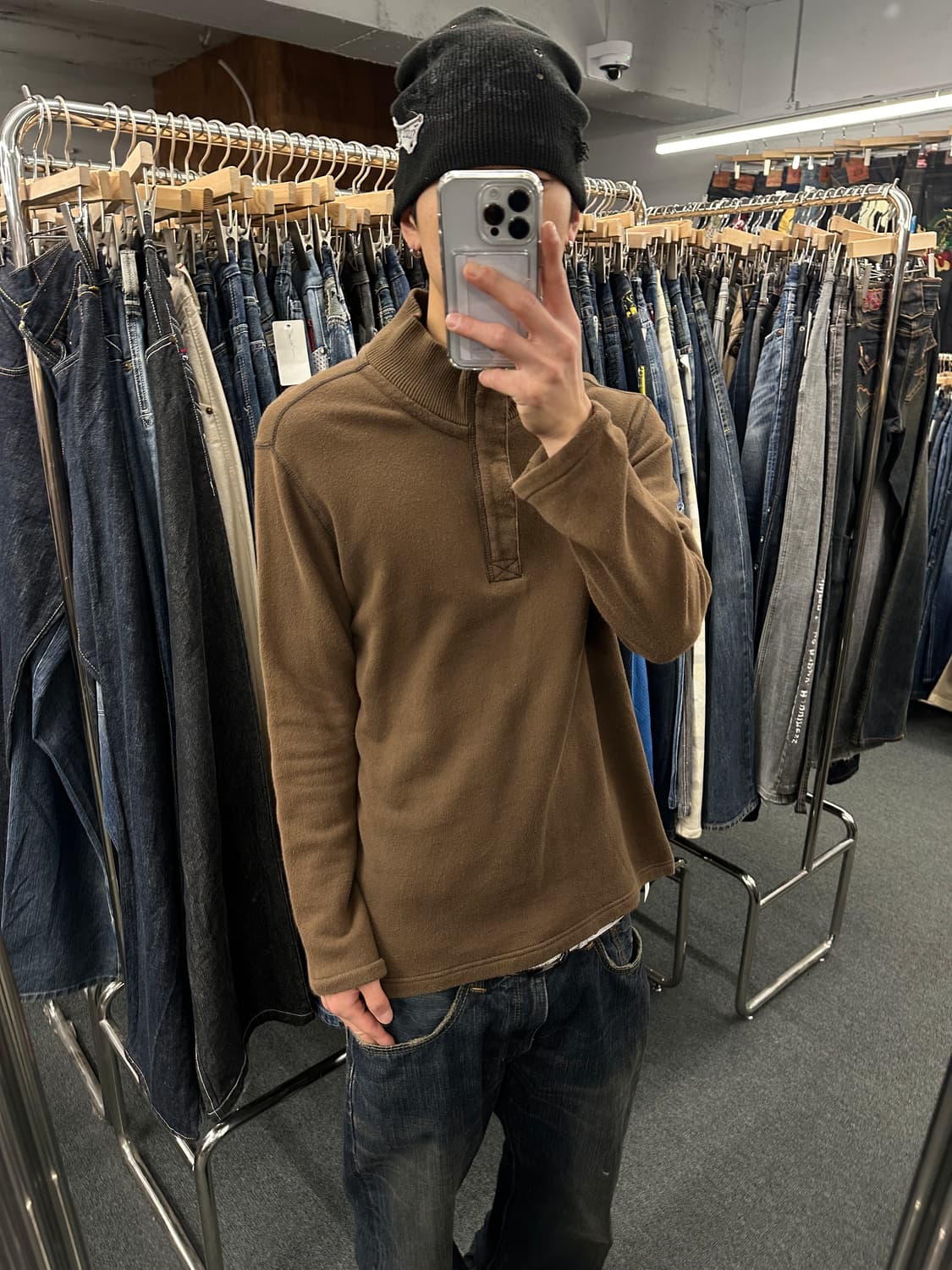 XL) 재패니즈 빈티지 브라운 반집업 니트 상품이미지1