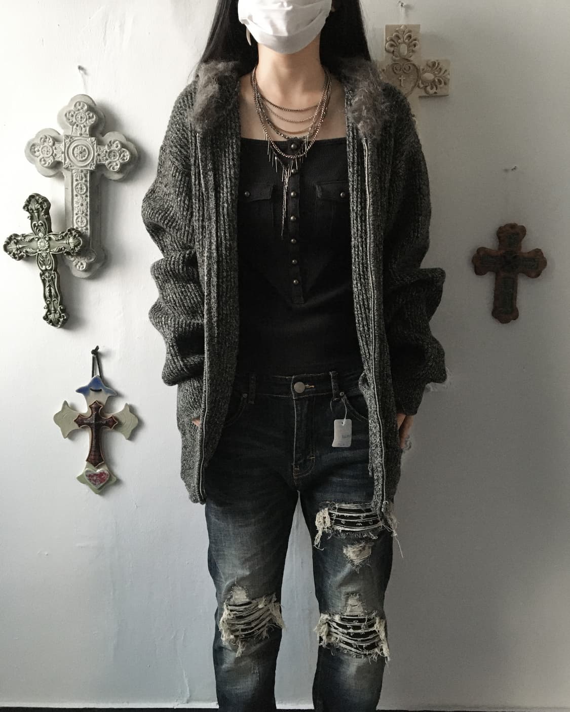 Fake fur hood ribbed knit zip up 상품이미지6