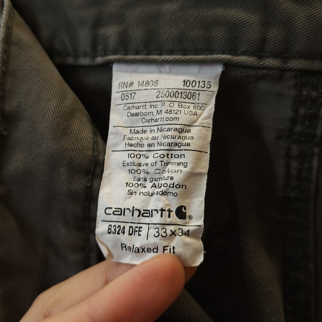 칼하트 워크팬츠 릴렉스드 핏 캔버스 팬츠 모스 그린 33x34 상품이미지8