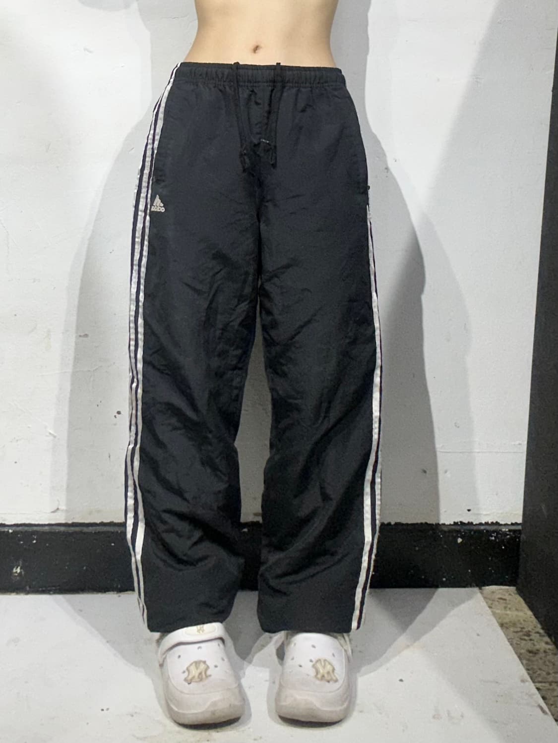 00s 아디다스 블랙 화이트 삼선 스몰 로고 와이드 트랙 팬츠 95 상품이미지2