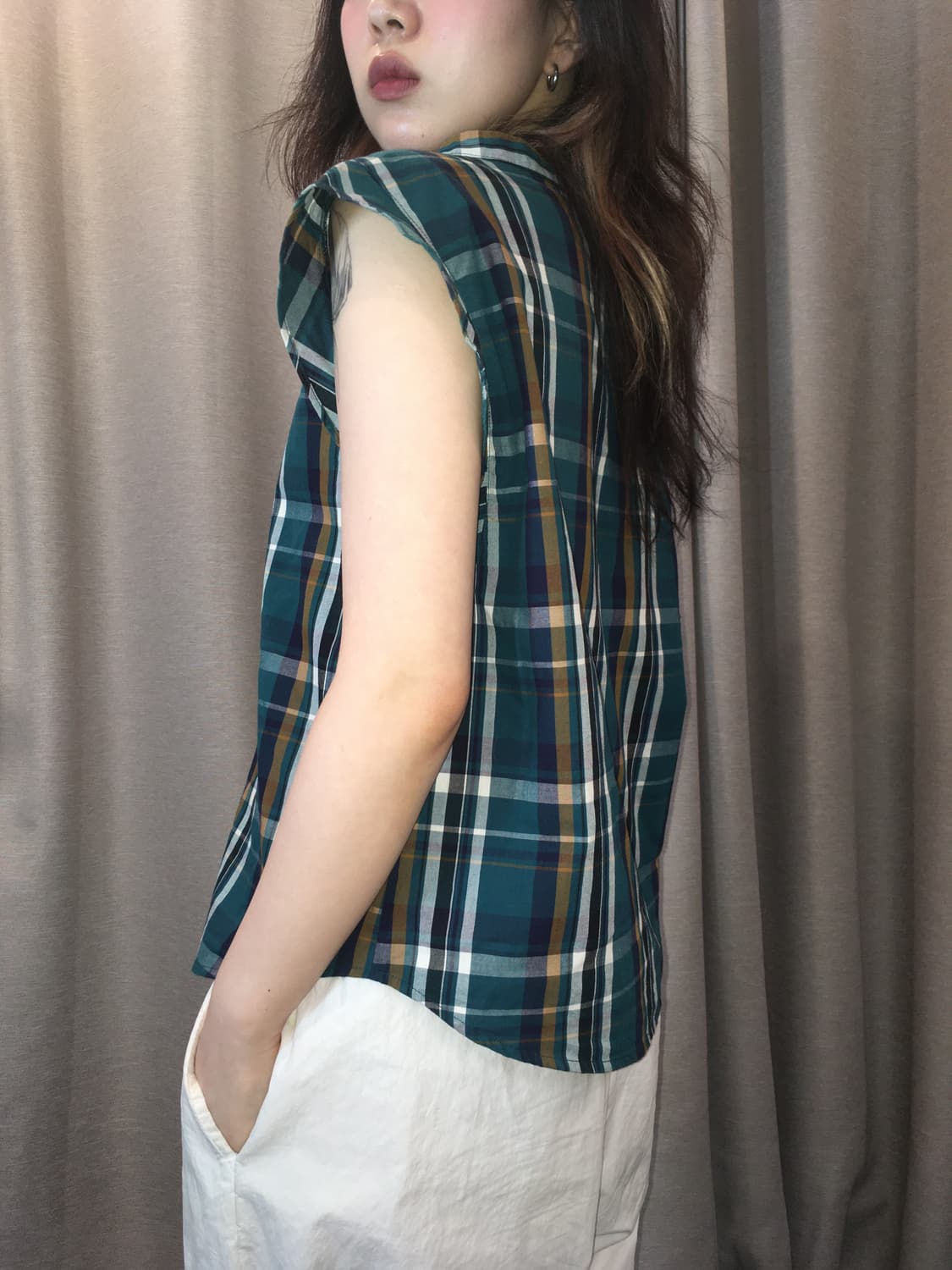 일본빈티지 민트 체크블라우스 상품이미지2