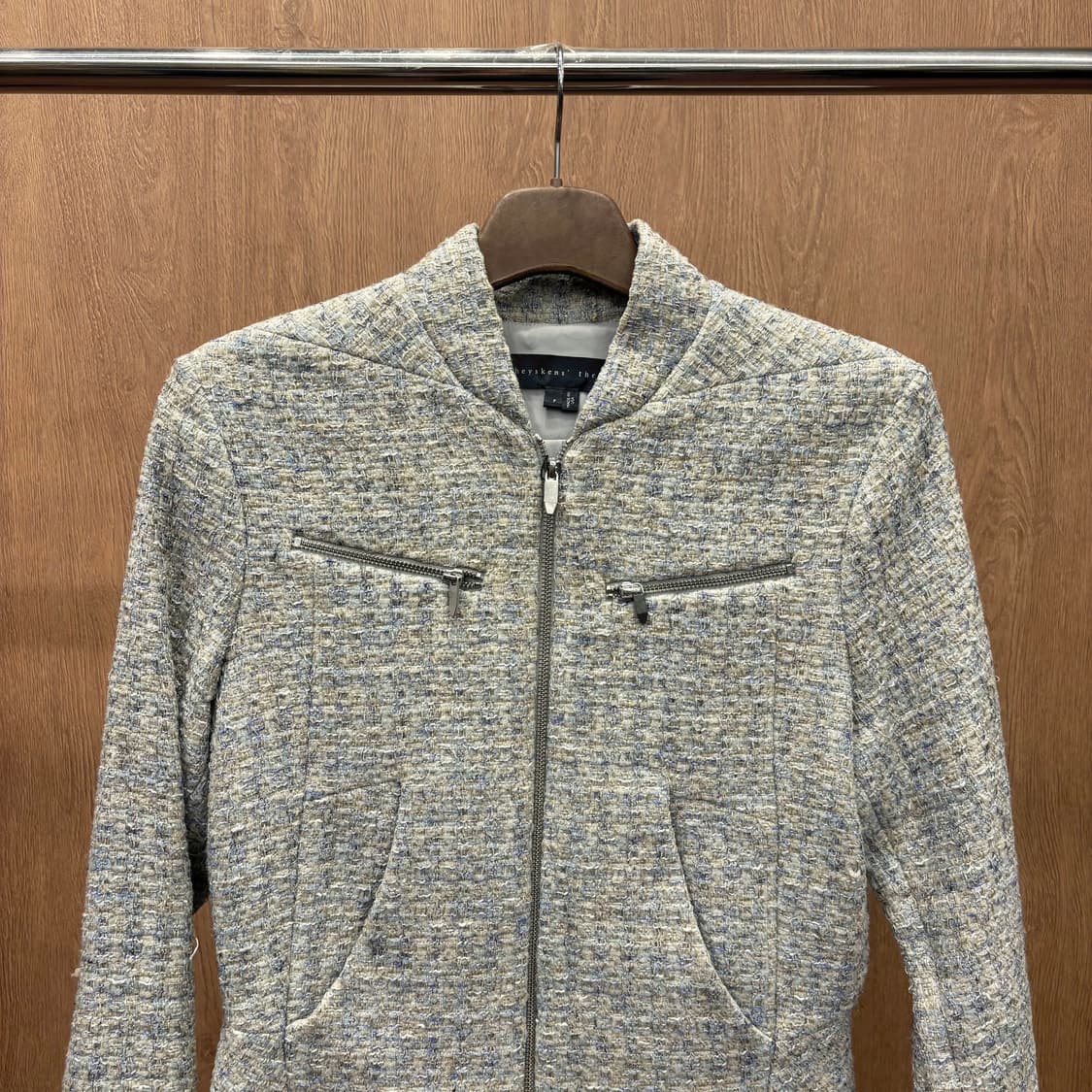 띠어리 긴팔 트위드 집업 메탈 포켓 지퍼 사이드 포켓 디테일 그레이 상품이미지4