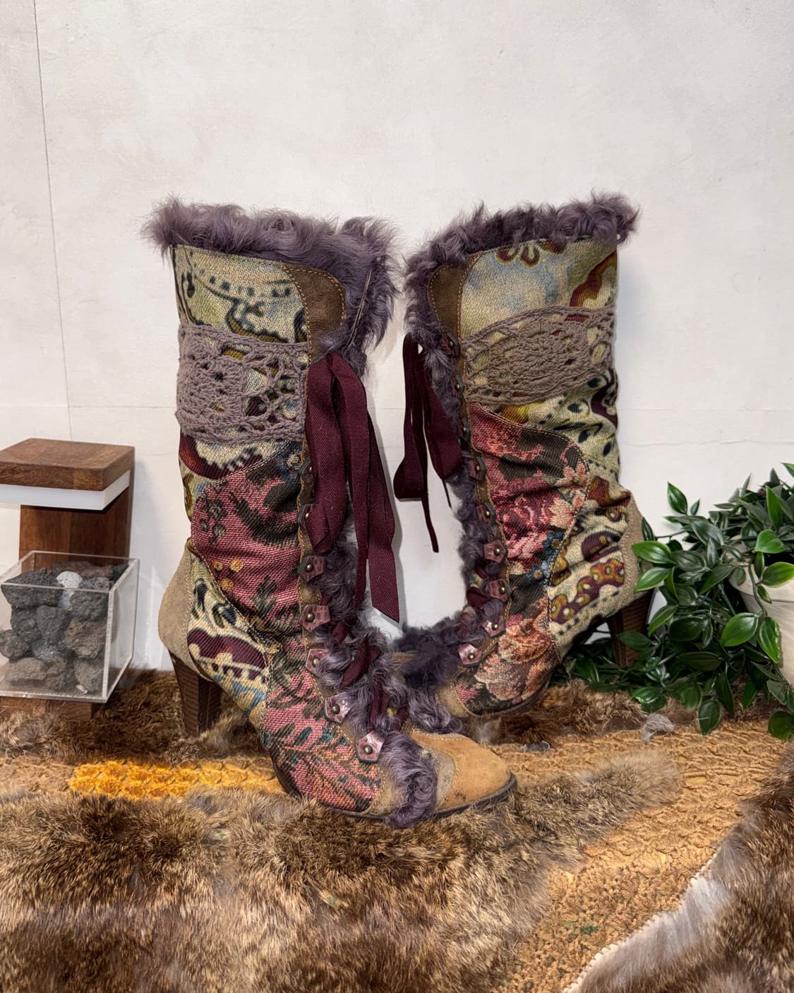 BNX jacquard fur trimming laceup boots 상품이미지1