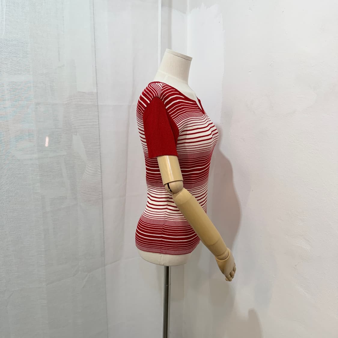 일본빈티지 배색 스트라이프 줄무늬 반팔니트 레드니트 3515 상품이미지2