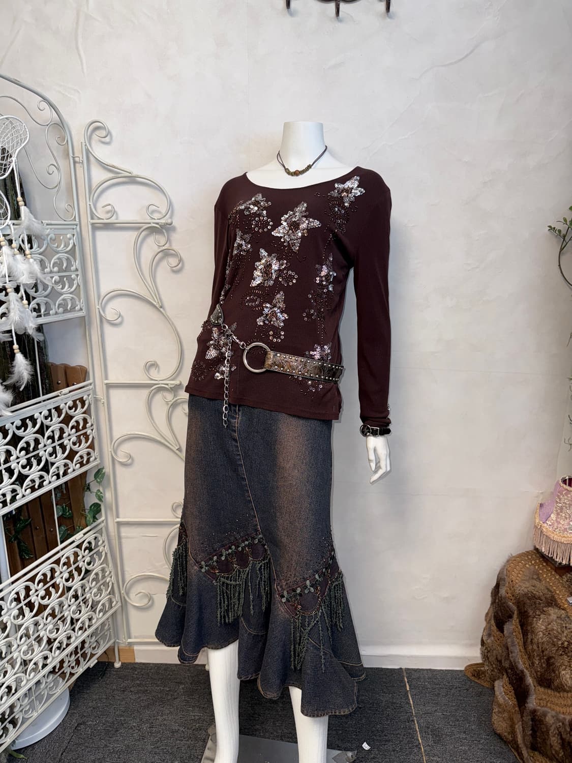 Dark brown fairy spangled flower blouse 상품이미지4