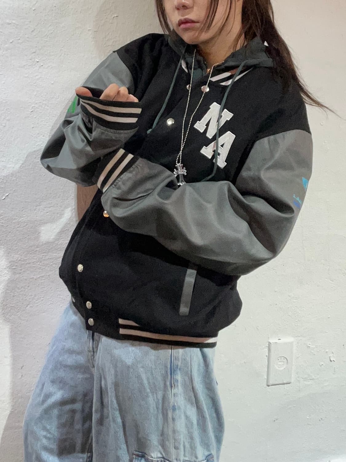 90s 올드스쿨 블랙 리얼레더 바시티 jk 상품이미지1