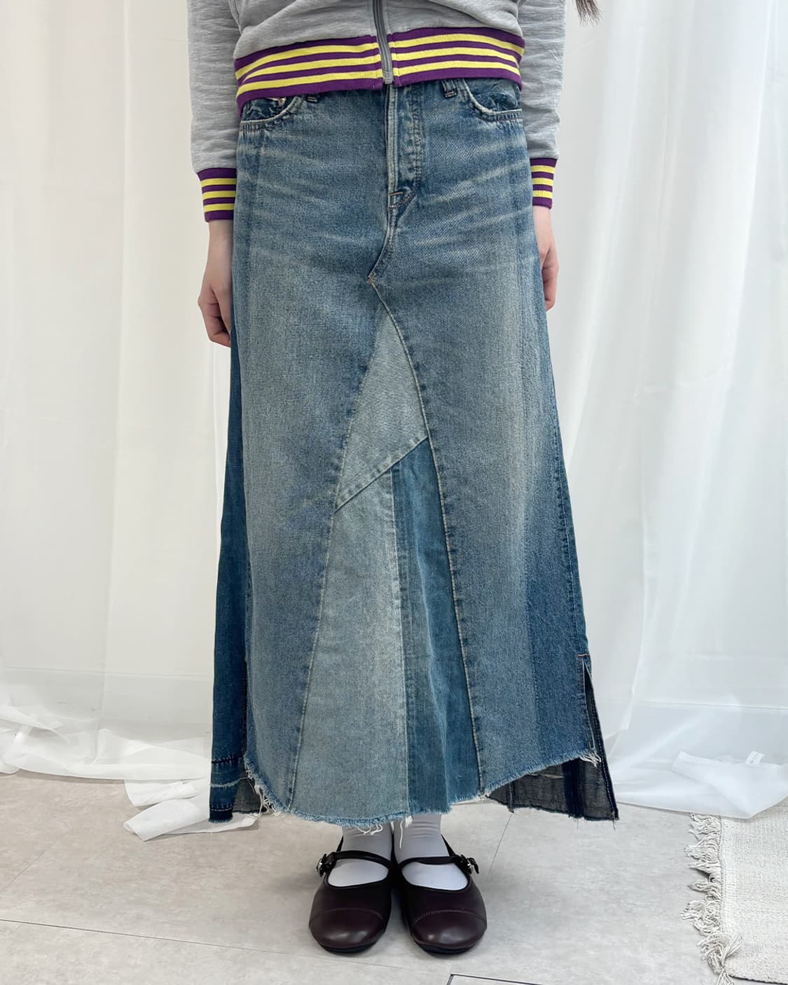 GOA NINMES 비대칭 컷 슬릿 롱 데님 스커트 상품이미지4