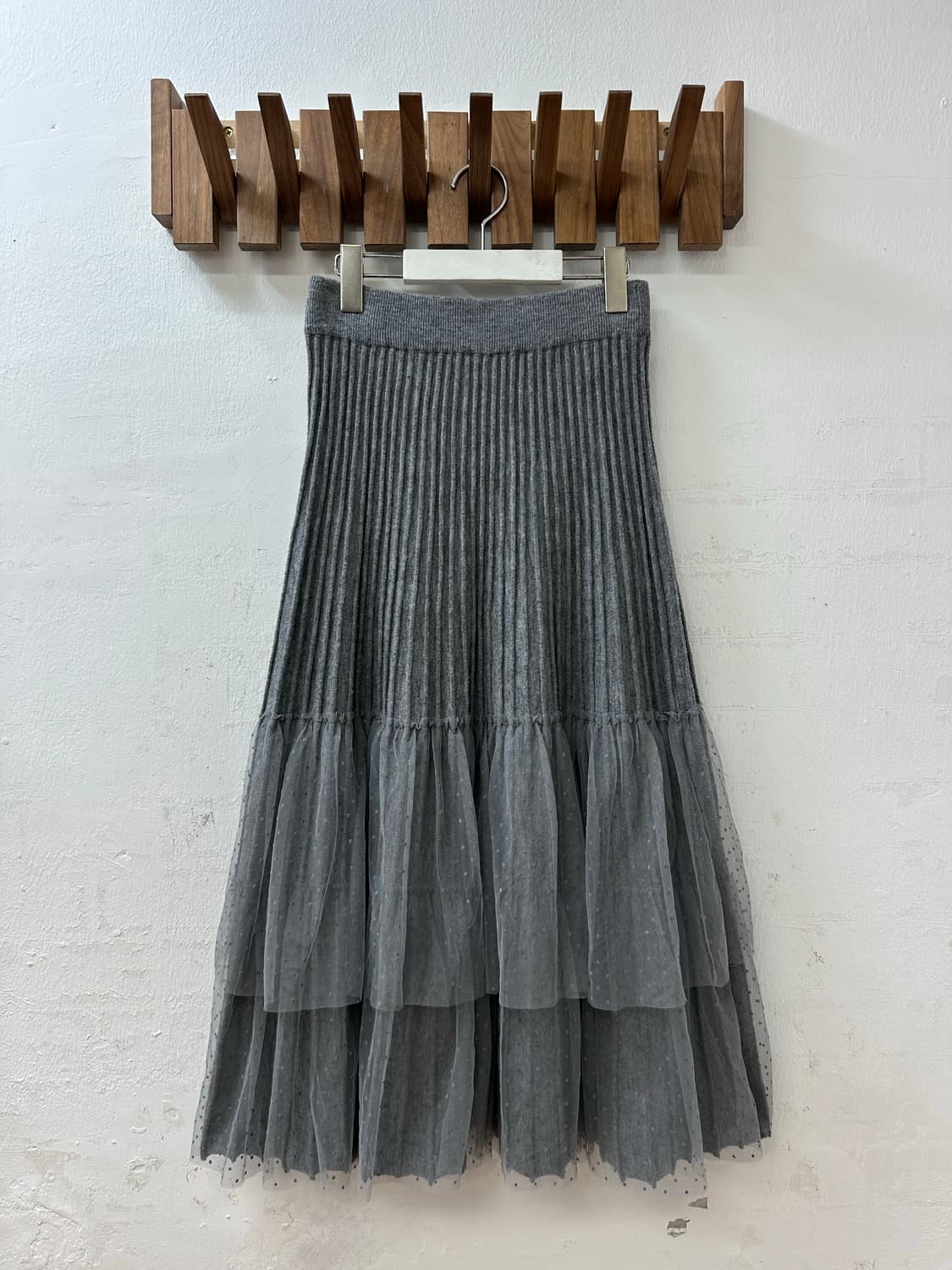 일본빈티지 그레이 리브드 도트 튤 레이어드 스커트 상품이미지1