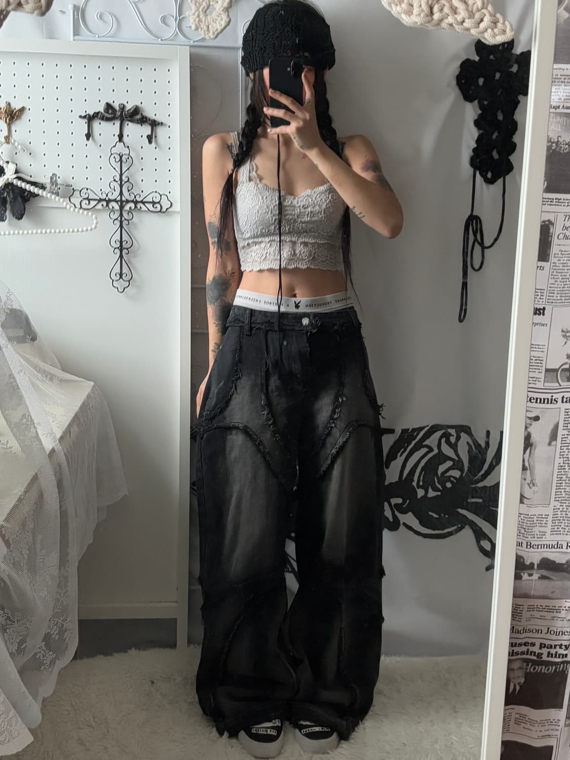 • dark blue denim wide pants 상품이미지1