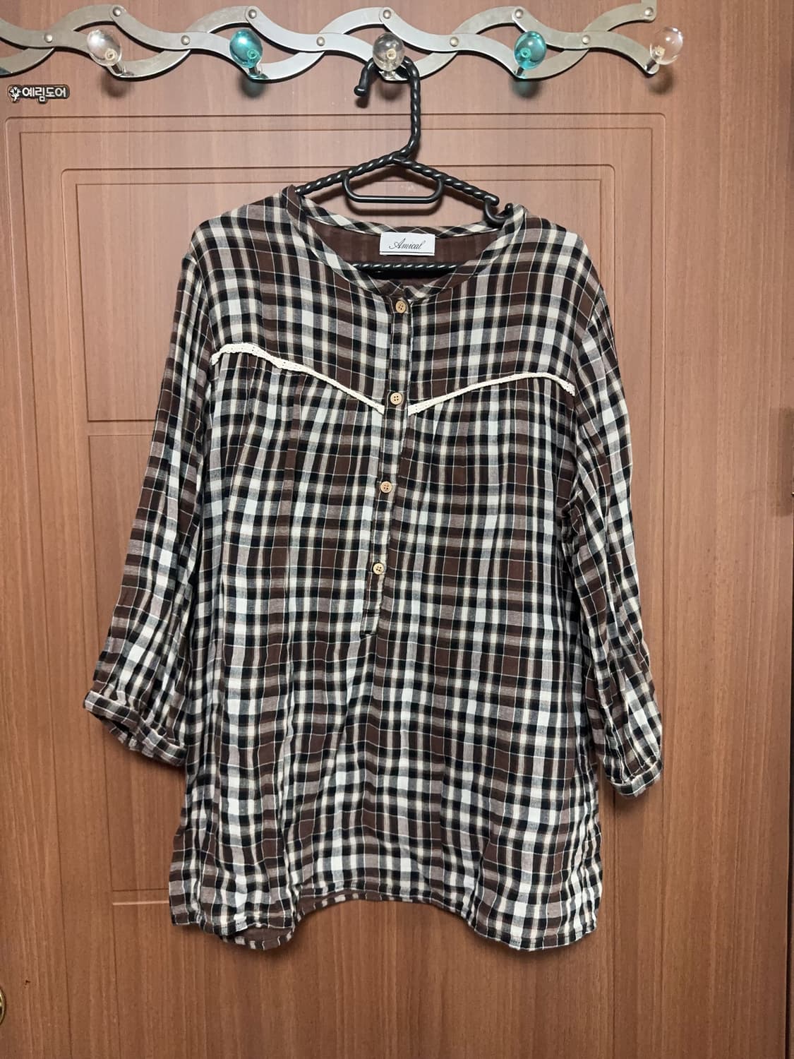 빈티지 모리걸 브라운 체크 레이스 셔츠 상품이미지1