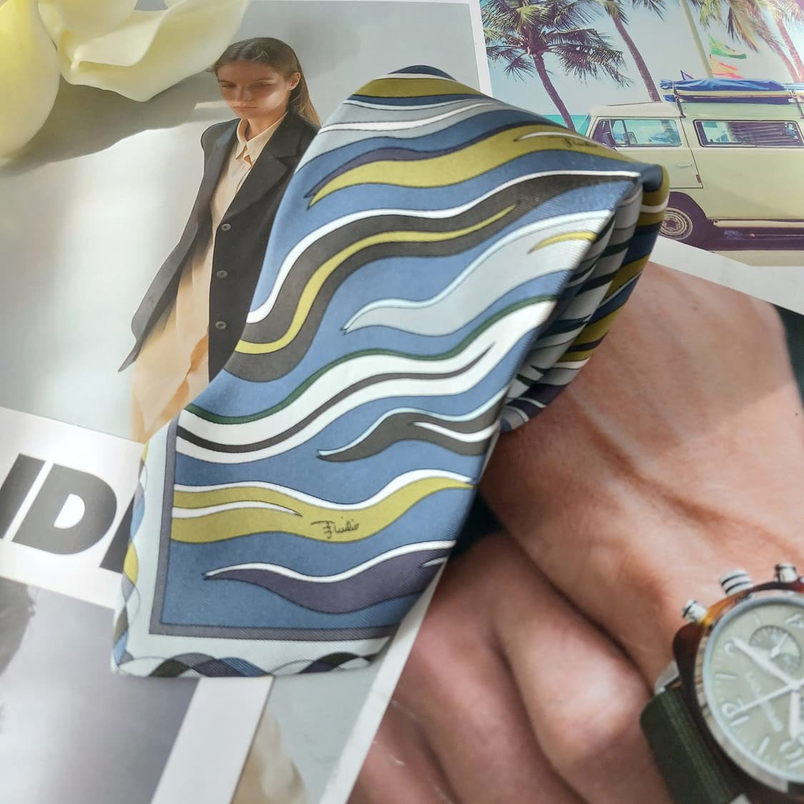 에밀리오푸치 실크 블루그린 웨이브 넥타이 8.7cm A+등급 A19014 상품이미지2