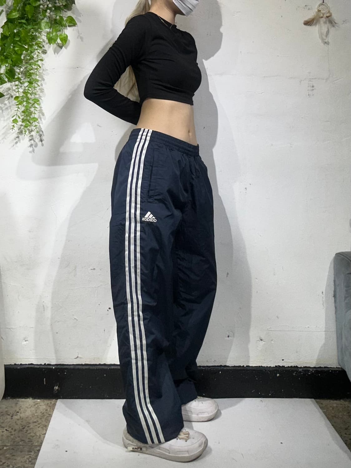 아디다스 네이비 그레이 삼선 와이드 트랙 팬츠 L 상품이미지1