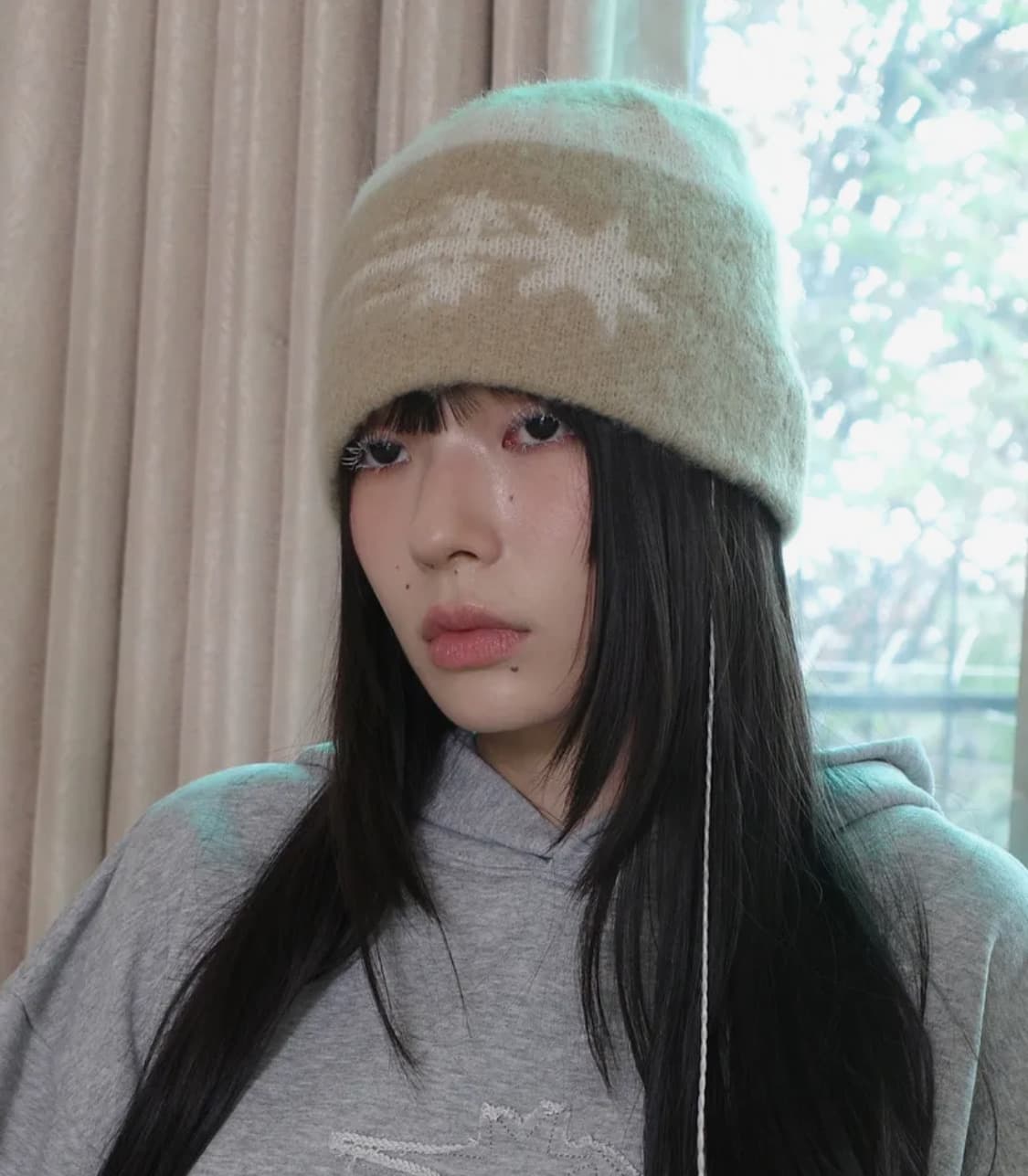 STRIPE 3STAR LOGO MOHAIR BEANIE_BEIGE 상품이미지2