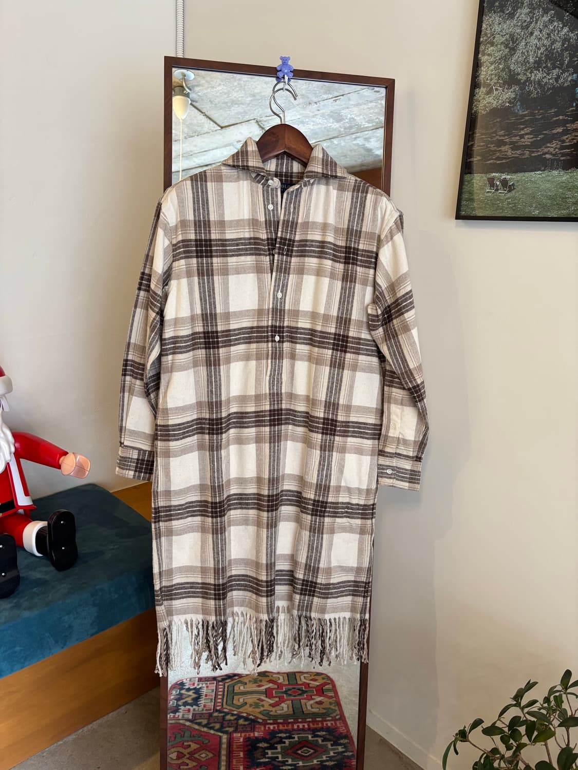 폴로 체크 패턴 롱 셔츠 원피스 프린지 장식 상품이미지1