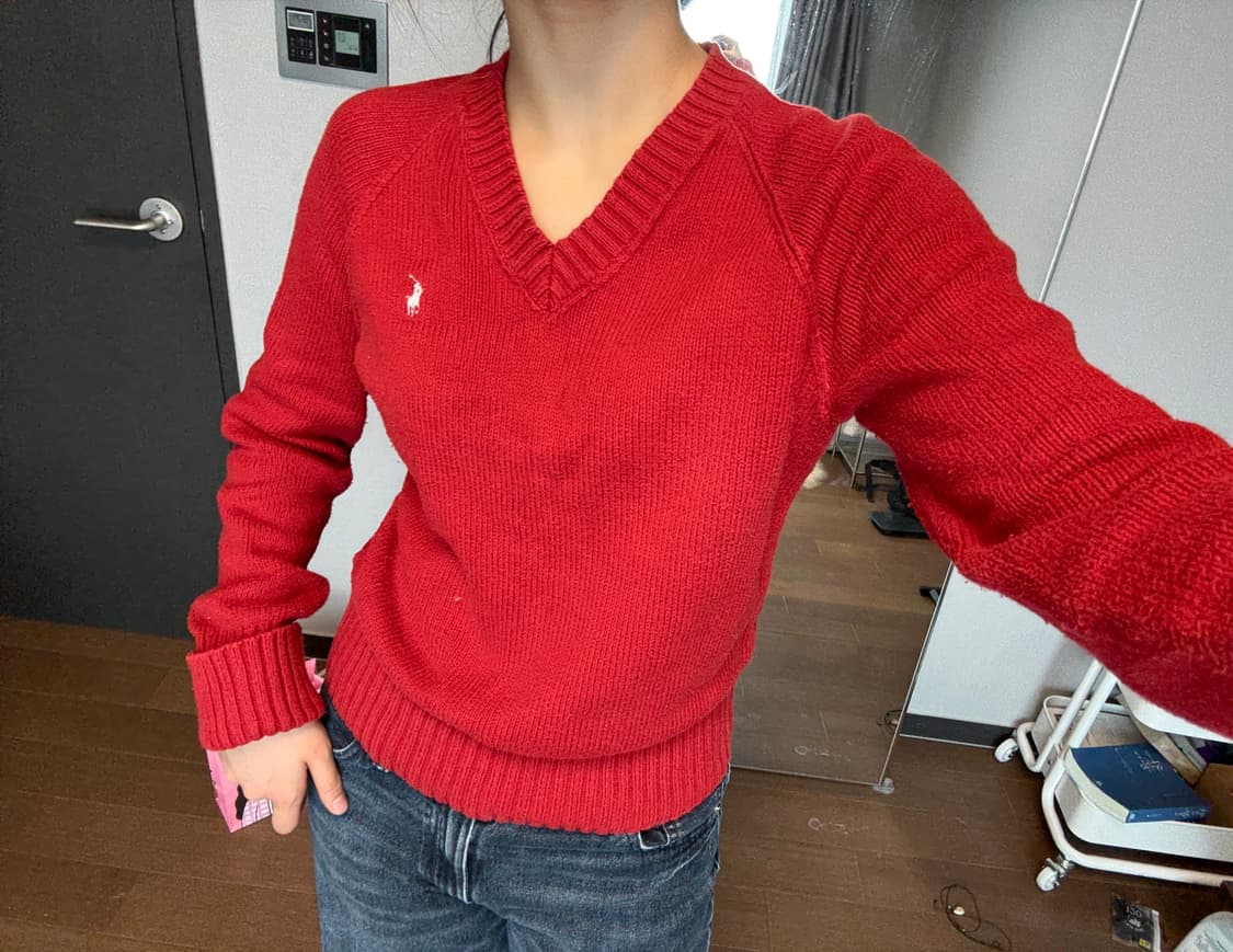 폴로 브이넥 빨강 레드 니트 슬림핏 상품이미지1