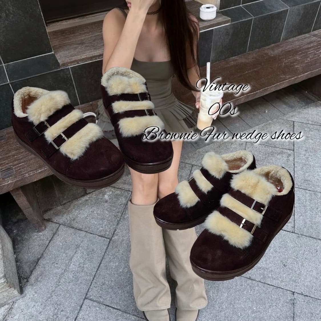 Vintage 00s Brownie Fur wedge shoes 상품이미지1