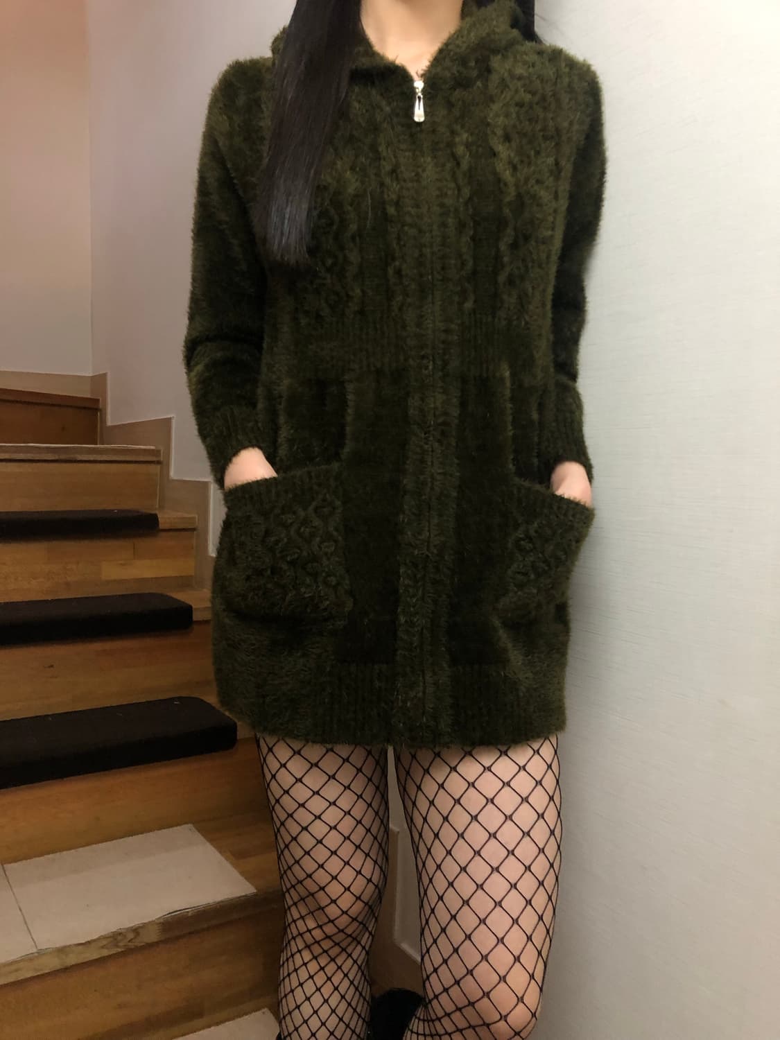 빈티지 후드 카키 롱 집업 상품이미지3