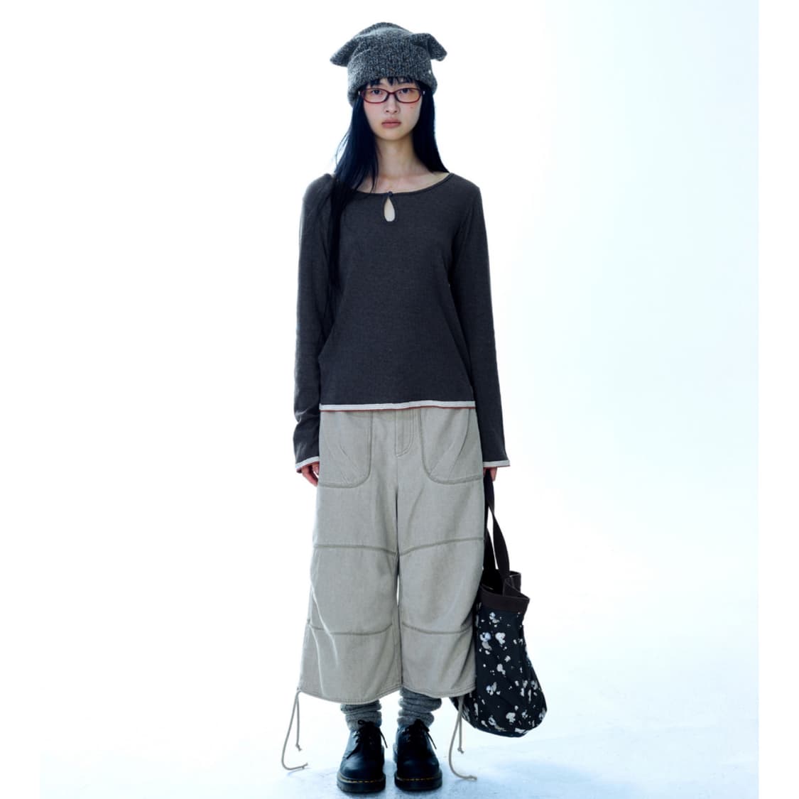 코이세이오 아일렛 레이스 롱슬리브 애쉬브라운 긴팔 티셔츠 상품이미지3