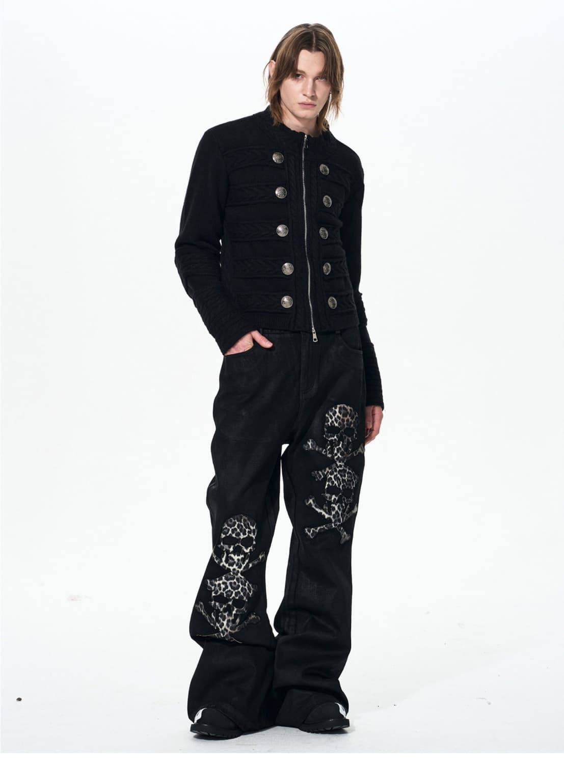 Skull Appliqué Waxed Flared Jeans 상품이미지6