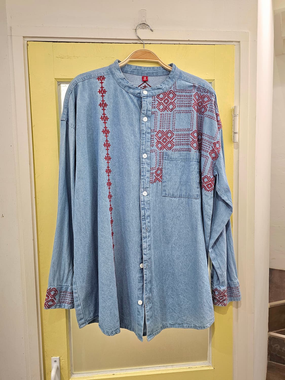 India 헨리넥 자수 데님셔츠 상품이미지1