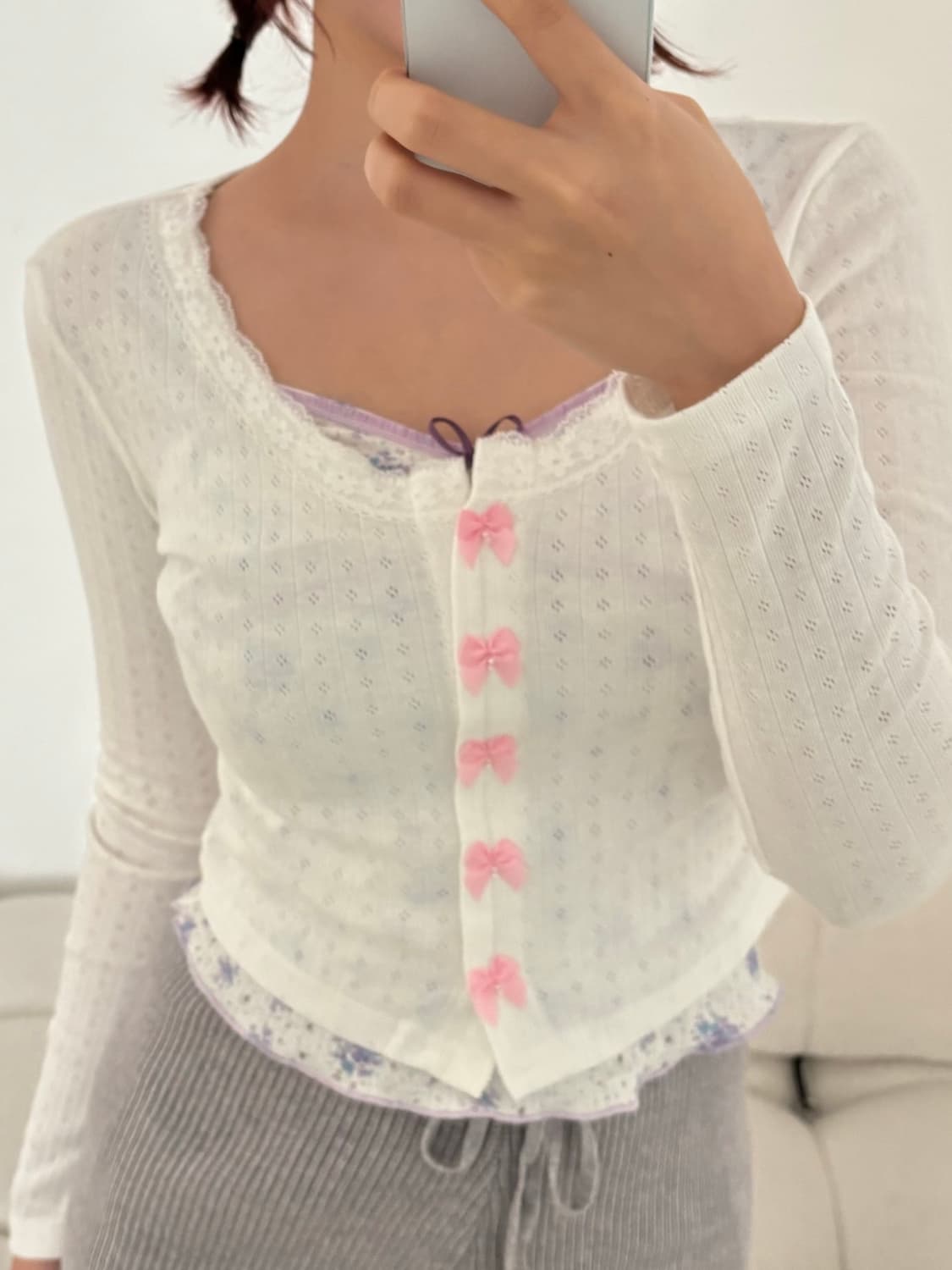 리본 레이스 크롭 긴팔 티셔츠 상품이미지4