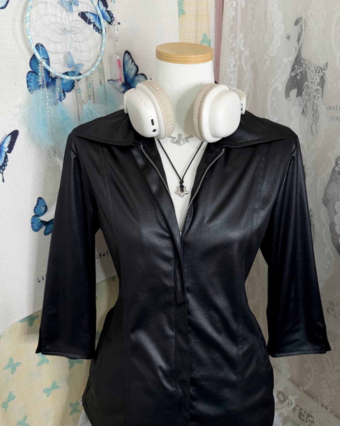 블랙 레더 무드 집업 셔츠 상품이미지4