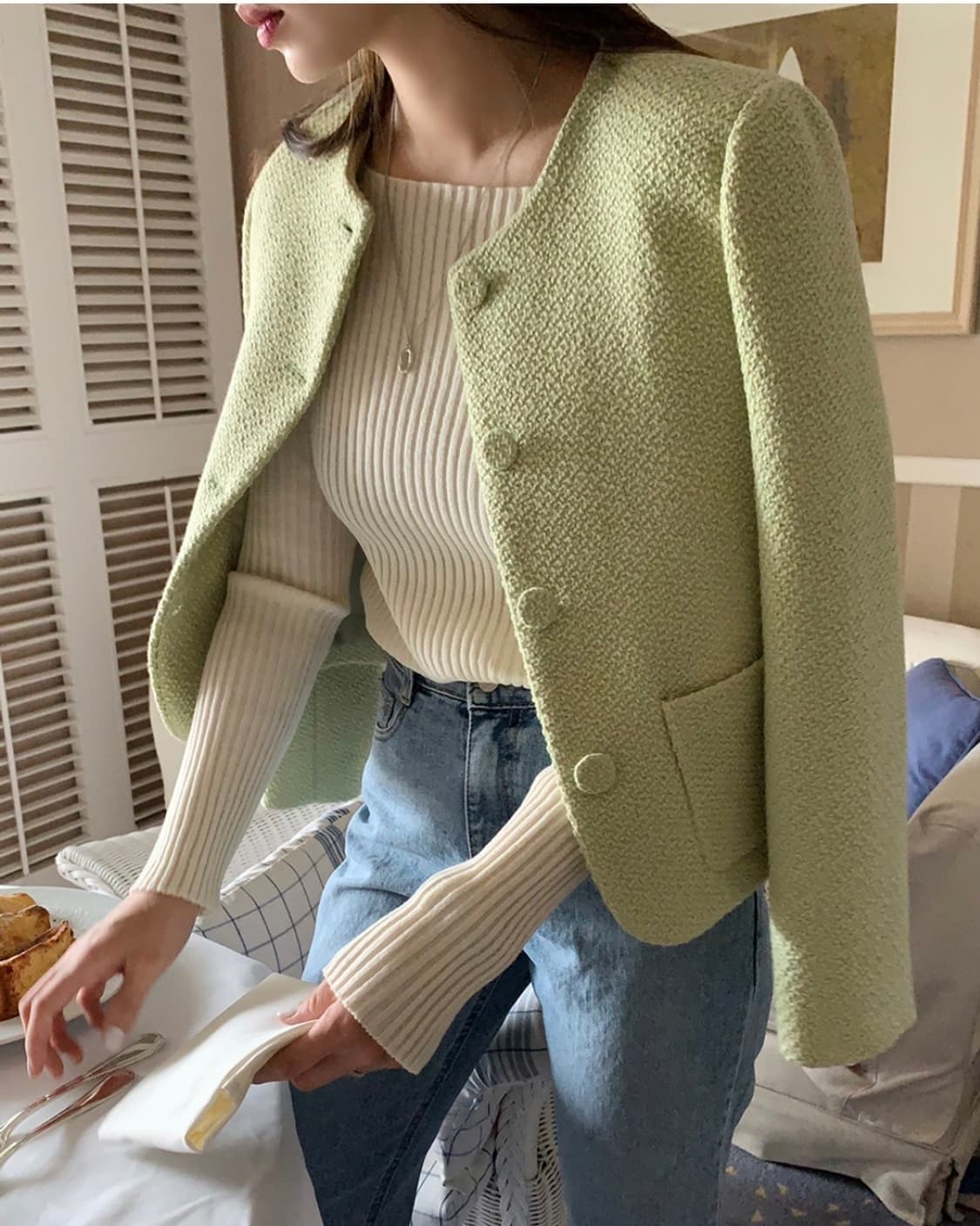 원로그 트위드 자켓 라이트그린 상품이미지3