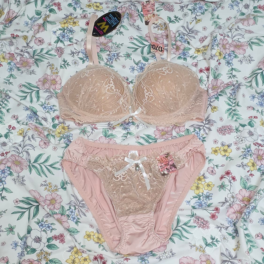 일본 빈티지 언더웨어)히메갸루리본 핑크큐빅 자수레이스 D70 브라속옷세트 상품이미지1