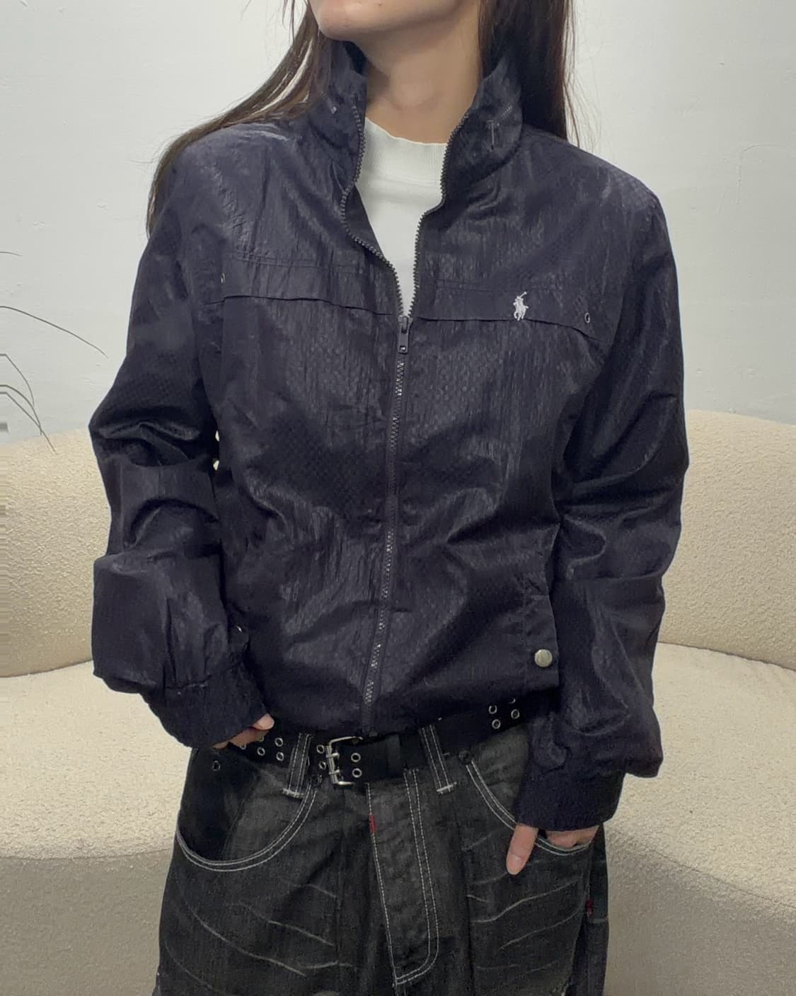 90s 올드스쿨 POLO 딥퍼플 체크 나일론 터틀넥 집업 상품이미지1