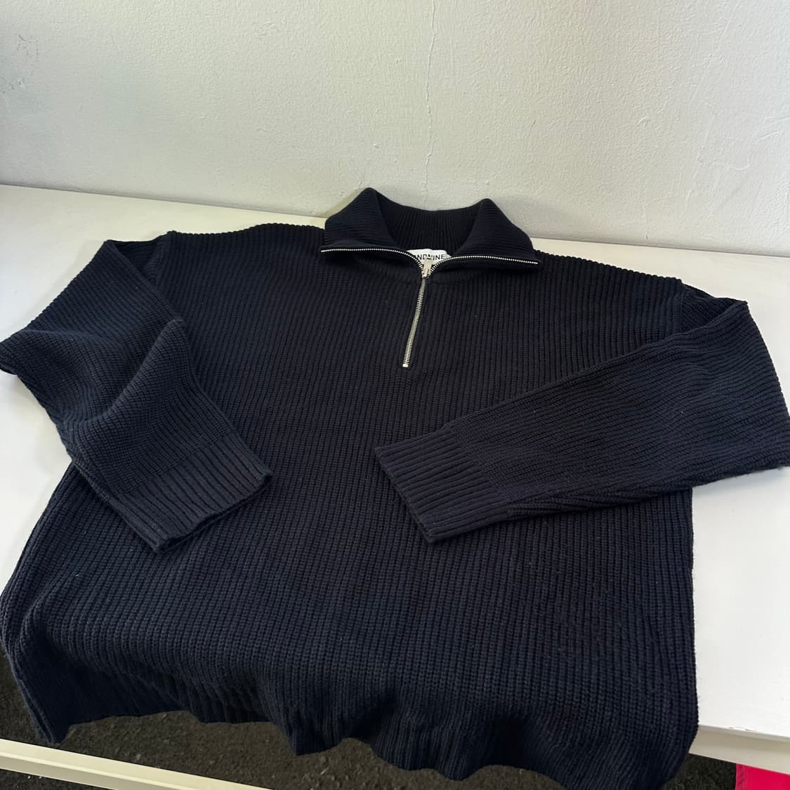 XL 블론드나인 네이비 루즈오버핏 반집업 와플니트 상품이미지2