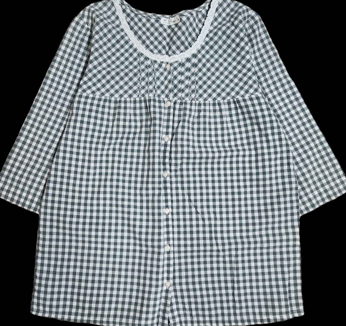 크로쉐 디테일 그린 체크 남방 7부 상품이미지1